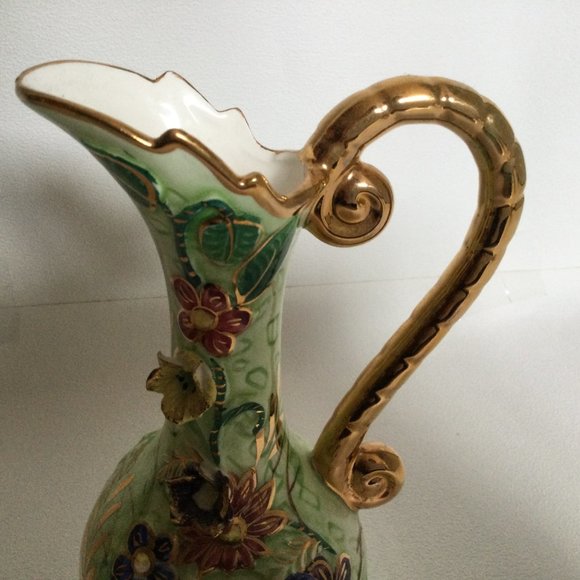 Japanese porcelain water pitcher green with 3D applied flowers gold gilded 8.5" - Picture 2 of 7
